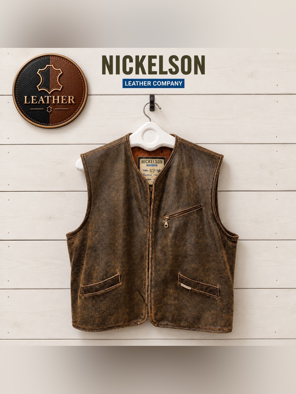 Nickelson Distressed Leather Vest – Brown – Size XL